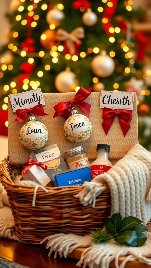 A collection of unique holiday gifts including personalized ornaments, a warm blanket, and a gourmet food basket.